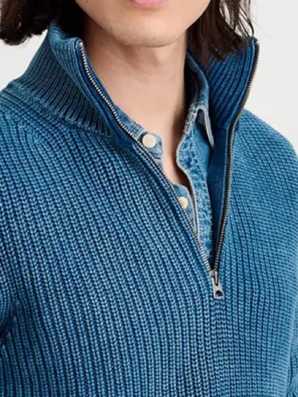 ALEX MILL Unisex Chunky Cotton Yarn Crosby Blue Ribbed Half-Zip Pullover Sweater - Picture 16 of 16